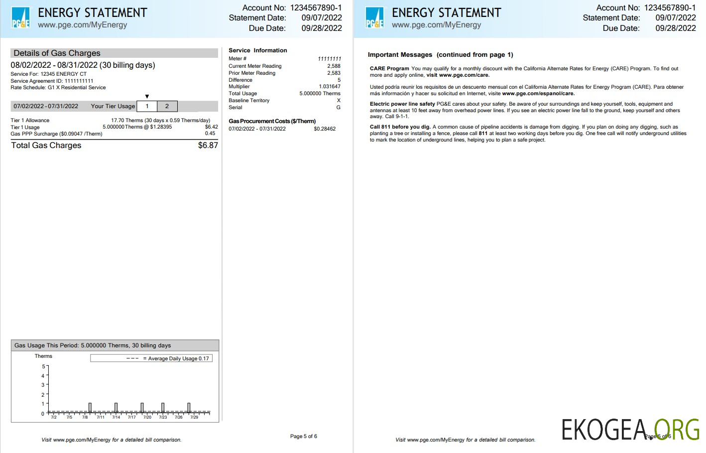 USA California PG&E (Pacific Gas and Electric Company) utility bill, Word and PDF template, 6 pages 5 6
